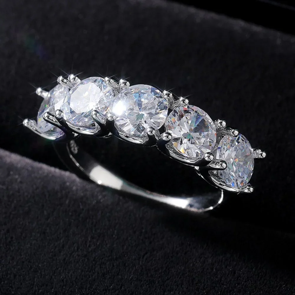 😍Lovely 5 Stone Round Dainty CZ Gems Silver Trendy Eternity Rings, K836
